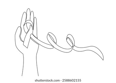 Single continuous line drawing the palm is open and above it is a ribbon. Asking for a helping hand for compassion. Inviting to help others. Sick. World Lupus Day. One line design vector illustration