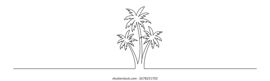 Single continuous line drawing of palm trees. Minimalist vector illustration design for summer, beach, tropical, vacation and travel.