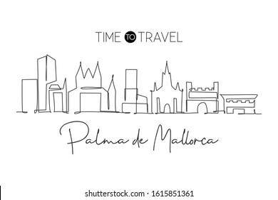 Single continuous line drawing of Palma de Mallorca city skyline. Famous skyscraper landscape postcard. World travel wall decor poster print concept. Modern one line draw design vector illustration