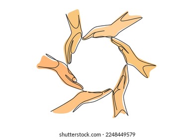 Single continuous line drawing palms and circle hand gesture. Sign or symbol of protection, cooperation, care. Communication with hand gestures. One line draw graphic design vector illustration