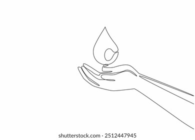 Single continuous line drawing palms catch the water droplets. Water drops mark the end of the dry season. Abundant water. Increase gratitude. World Water Day. One line design vector illustration