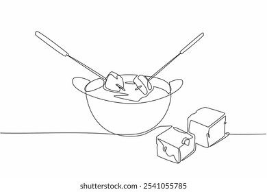 Single continuous line drawing pan containing liquid cheese. Long fork is a tool to help eat food. Stay warm when the weather gets cold. National Cheese Fondue Day. One line design vector illustration