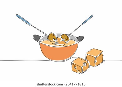 Single continuous line drawing pan containing liquid cheese. Long fork is a tool to help eat food. Stay warm when the weather gets cold. National Cheese Fondue Day. One line design vector illustration