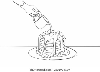 Single continuous line drawing pancake dish on a plate drizzled with syrup. The strong sweet taste adds to the taste of food. Delectation. National Flapjack Day. One line design vector illustration