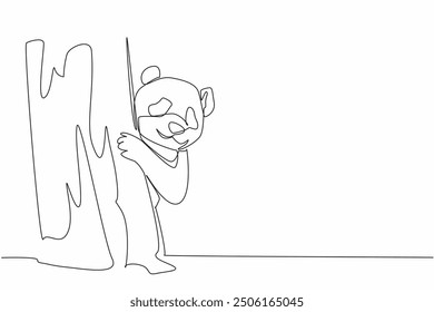 Single continuous line drawing panda's head and hands peek out from behind tree branches. Like playing hide and seek. Adorable behavior. Cute. National Panda Day. One line design vector illustration