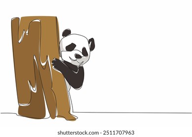 Single continuous line drawing panda's head and hands peek out from behind tree branches. Like playing hide and seek. Adorable behavior. Cute. National Panda Day. One line design vector illustration