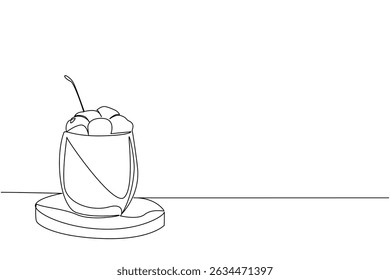 Single continuous line drawing panna cotta in a clear glass with cherry topping, on a wooden cutting board. The freshness in summer. National Cherry Dessert Day. One line design vector illustration