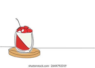 Single continuous line drawing panna cotta in a clear glass with cherry topping, on a wooden cutting board. The freshness in summer. National Cherry Dessert Day. One line design vector illustration