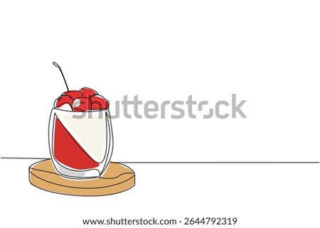 Single continuous line drawing panna cotta in a clear glass with cherry topping, on a wooden cutting board. The freshness in summer. National Cherry Dessert Day. One line design vector illustration