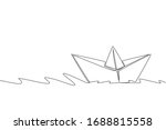 Single continuous line drawing of paper boat sailing on the water river. Origami toy concept. Trendy one line draw design graphic vector illustration
