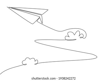 Single Continuous Line Drawing Of Paper Plane Flying High Through The Clouds On White Background. Paper Origami Kids Toy. Minimalism Concept Dynamic One Line Draw Graphic Design Vector Illustration