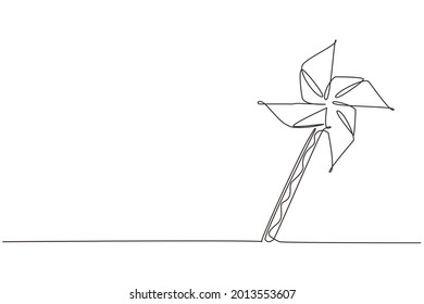 Single continuous line drawing paper windmill. Origami paper windmill. Playing equipment depicting toy pinwheel. Children's toy rotating in the wind. One line draw graphic design vector illustration