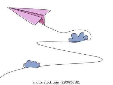 Single continuous line drawing of paper plane flying high through the clouds on white background. Paper origami kids toy. Minimalism concept dynamic one line draw graphic design vector illustration