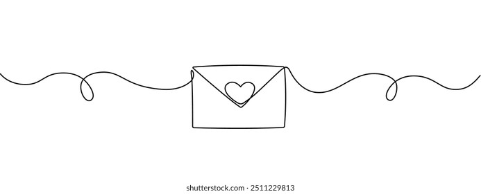  Single continuous line drawing of paper envelope with heart. Valentine's Day. Love letter, template for cards and invitations. Vector editable illustration.