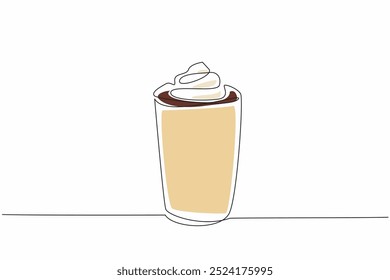 Single continuous line drawing paper cup with chocolate drink and whipped cream. Drink as much chocolate as like. Celebrate. Take away. National Hot Chocolate Day. One line design vector illustration