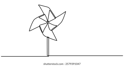 Single continuous line drawing paper windmill. Origami paper windmill. Playing equipment depicting toy pinwheel. Children's toy rotating in the wind. print for clothes and logo design, emblem or logo.