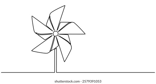 Single continuous line drawing paper windmill. Origami paper windmill. Playing equipment depicting toy pinwheel. Children's toy rotating in the wind. print for clothes and logo design, emblem or logo.