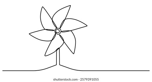 Single continuous line drawing paper windmill. Origami paper windmill. Playing equipment depicting toy pinwheel. Children's toy rotating in the wind. print for clothes and logo design, emblem or logo.