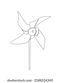 Single continuous line drawing paper windmill. Origami paper windmill. Playing equipment depicting toy pinwheel. Children's toy rotating in the wind. Hand made vector not Al