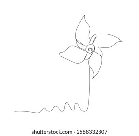 Single continuous line drawing paper windmill. Playing equipment depicting toy pinwheel. Origami paper windmill.  Children's toy rotating in the wind. Handmade vector not Al