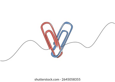 Single continuous line drawing paper clip shaped into a heart. Office needs when want to stick paper without glue. Does not damage paper. National Paperclip Day. One line design vector illustration