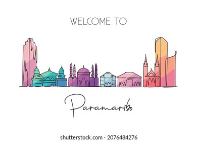 Single continuous line drawing Paramaribo skyline, Suriname. Famous city scraper landscape postcard. World travel destination concept. Editable stroke modern one line draw design vector illustration