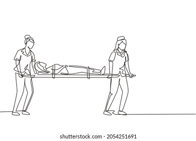 Single continuous line drawing paramedic team of woman doctors moving with injured sick patient on stretcher to ambulance car. Saving lives or calling emergency accident. One line draw design vector