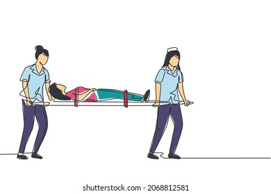 Single Continuous Line Drawing Paramedic Team Of Woman Doctors Moving With Injured Sick Patient On Stretcher To Ambulance Car. Saving Lives Or Calling Emergency Accident. One Line Draw Design Vector