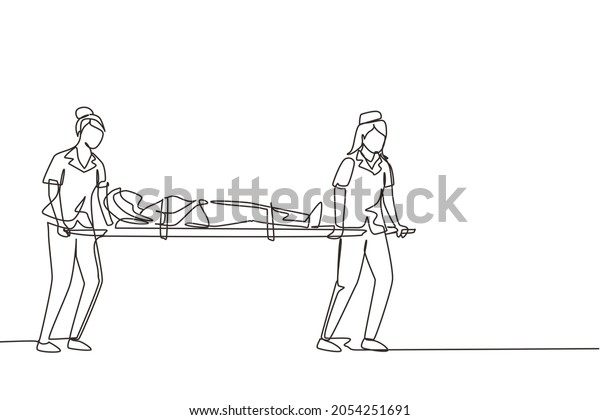Single continuous line drawing paramedic team of\
woman doctors moving with injured sick patient on stretcher to\
ambulance car. Saving lives or calling emergency accident. One line\
draw design vector