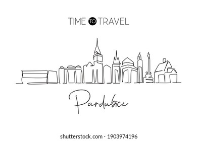 Single continuous line drawing Pardubice city skyline, Czech Republic. Famous city scraper landscape. World travel home wall decor art poster concept. Modern one line draw design vector illustration