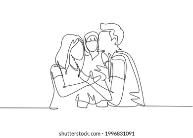 Single continuous line drawing parents kissing their little girl her cheeks  Adorable child and an innocent expression  National children's day  One line draw graphic design vector illustration