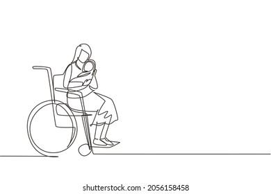 Single continuous line drawing parents with newborn baby. Woman hold baby, sitting in wheelchair. Disabled woman holding baby in her arms. Family love concept. One line draw design vector illustration