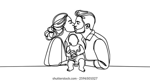 Single continuous line drawing parents kissing their little girl on her cheeks. Adorable child with an innocent expression. National children's day. One line draw graphic design vector illustration