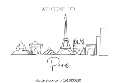 Single continuous line drawing Paris city skyline  France  Famous skyscraper landscape in world  World travel wall decor poster print art concept  Modern one line draw design vector illustration
