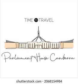 Single Continuous Line Drawing Parliament House Of Canberra Landmark. Government Building In Australia. Home Decor Wall Art Poster Concept. Simple One Line Draw Design Vector Graphic Illustration