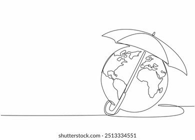 Uma única linha contínua desenhando parte do globo é coberta por um guarda-chuva. Abrigue-se com o guarda-chuva, esteja ele chovendo ou quente. Tecnologia. Dia Mundial da Meteorologia. Ilustração de vetor de design de uma linha