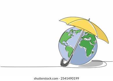 Single continuous line drawing part of the globe is covered by an umbrella. Take shelter with umbrella whether it is raining or hot. Tech. World Meteorological Day. One line design vector illustration