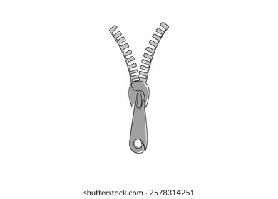 Single continuous line drawing partially open zipper. Connecting two sides of the material into one. Want to take something when opened. National Zipper Day. One line design vector illustration