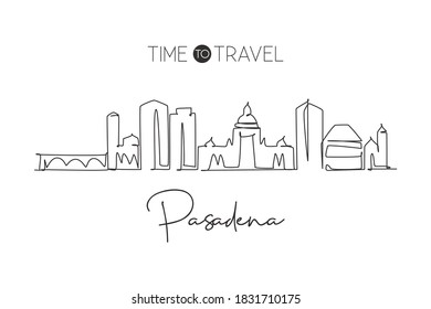 Single continuous line drawing of Pasadena skyline, California. Famous city scraper landscape. World travel home wall decor art poster print concept. Modern one line draw design vector illustration