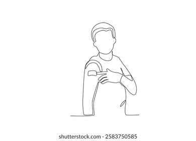 Single continuous line drawing of A patient who has finished being vaccinated. Medical health care service workers concept one line draw design vector graphic illustration
