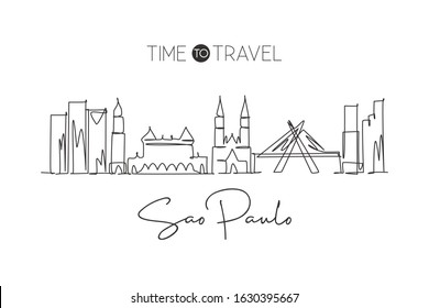 Single continuous line drawing São Paulo city skyline, Brazil. Famous city scraper landscape. World travel destination postcard concept. Editable stroke modern one line draw design vector illustration