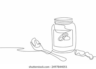 Single continuous line drawing peanut butter jar with spoon and scattered peanuts. Creamy jam contains protein. Delectable. National Peanut Butter Lover’s Day. One line design vector illustration