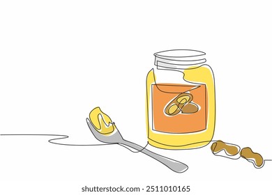 Single continuous line drawing peanut butter jar with spoon and scattered peanuts. Creamy jam contains protein. Delectable. National Peanut Butter Lover’s Day. One line design vector illustration