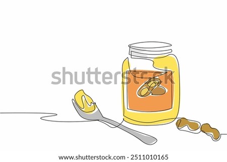 Single continuous line drawing peanut butter jar with spoon and scattered peanuts. Creamy jam contains protein. Delectable. National Peanut Butter Lover’s Day. One line design vector illustration