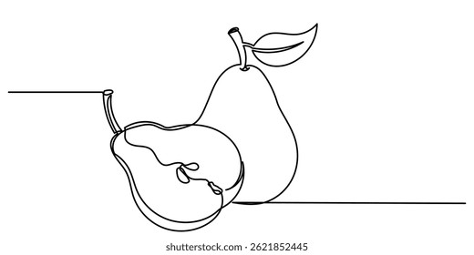 Single continuous line drawing of pear. pear with a leaf on a white background.Slices, whole and half fruits.	