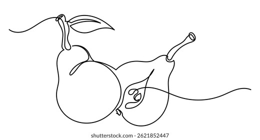 Single continuous line drawing of pear. pear with a leaf on a white background.Slices, whole and half fruits.	