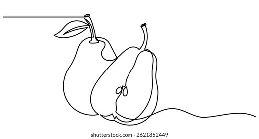 Single continuous line drawing of pear. pear with a leaf on a white background.Slices, whole and half fruits.	