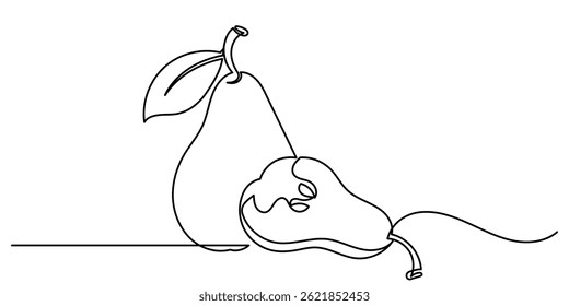 Single continuous line drawing of pear. pear with a leaf on a white background.Slices, whole and half fruits.	