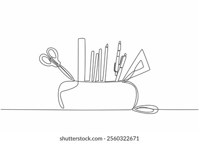 Single continuous line drawing pencil pouch case. Orderliness in arranging stationery. Makes it easier to find and use. Ease of working. World Stationery Day. One line design vector illustration