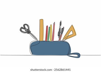 Single continuous line drawing pencil pouch case. Orderliness in arranging stationery. Makes it easier to find and use. Ease of working. World Stationery Day. One line design vector illustration